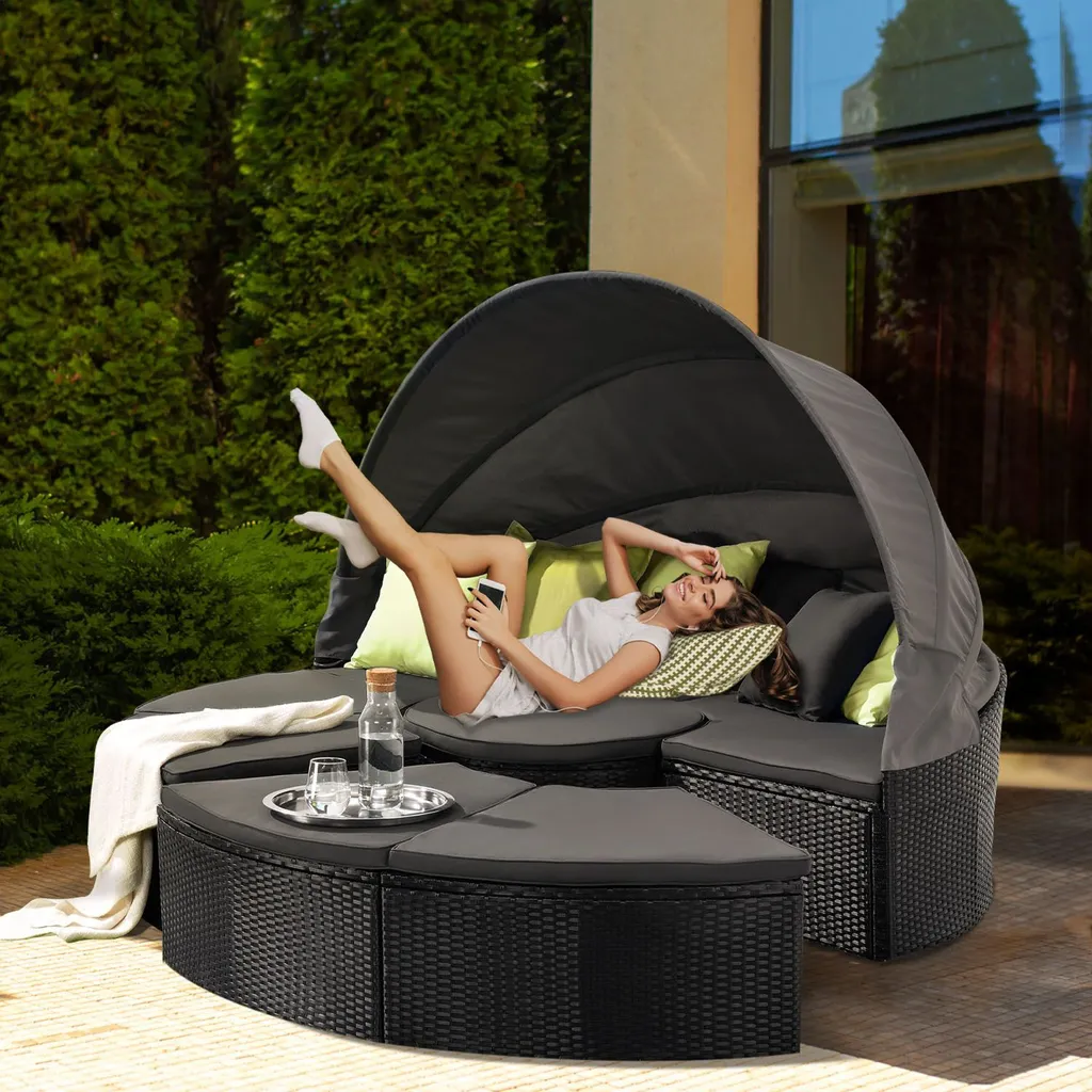 Juskys 2in1 XXL Polyrattan Sonneninsel & Sitzgruppe Puerto Plata – Set Mit Dach, Kissen, Tisch Und Hockern – Liegeinsel Lounge Wetterfest Garten 6 Juskys 2in1 XXL Polyrattan Sonneninsel & Sitzgruppe Puerto Plata – Set Mit Dach, Kissen, Tisch Und Hockern – Liegeinsel Lounge Wetterfest Garten – Bild 6