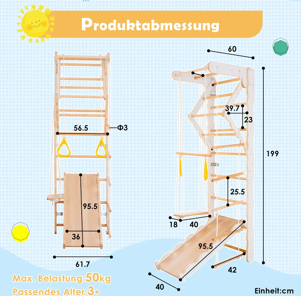 Merax 6-in-1 Multifunktions Kletterspielzeug Set Inkl. Rutsche Schaukel Klettergerüst Klimmzugsbereich Ringe Jungle Gym-Set, Indoor KlettergerüstSprossenwand Für Kinder, Massivholz, Natur 7 Merax 6-in-1 Multifunktions Kletterspielzeug Set Inkl. Rutsche Schaukel Klettergerüst Klimmzugsbereich Ringe Jungle Gym-Set, Indoor KlettergerüstSprossenwand Für Kinder, Massivholz, Natur – Bild 7