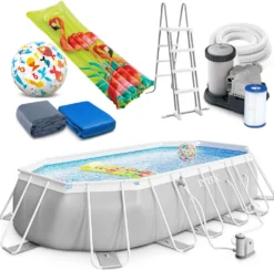 Intex Prism Frame Oval Swimming Pool 610x305x122 Cm Schwimmbecken 26798 Komplett-Set Mit Leiter & Pumpe Sowie Extra-Zubehör Wie: Strandball Und Luftmatratze