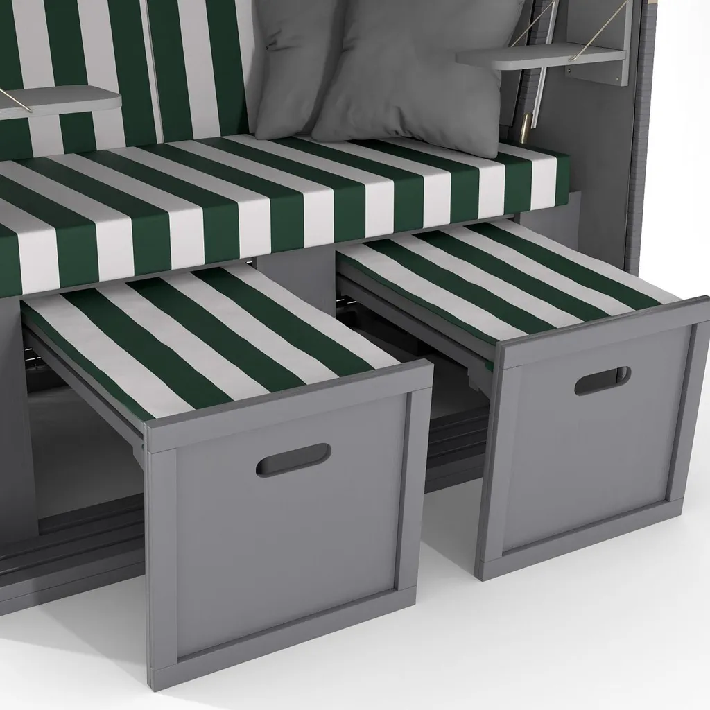Sanzaro Strandkorb XL120 Cm Deluxe Zweisitzer Holz Und Poly-Rattan Volllieger 4 X Kissen Klappbare Rückenlehne 2 Personen Grün-Weiss Blockstreifen 8 Sanzaro Strandkorb XL120 Cm Deluxe Zweisitzer Holz Und Poly-Rattan Volllieger 4 X Kissen Klappbare Rückenlehne 2 Personen Grün-Weiss Blockstreifen – Bild 8