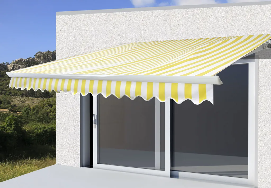 Elektrische Kassetten-Markise H122, Vollkassette Volant 4x3m Polyester Gelb/Weiß 9 Elektrische Kassetten-Markise H122, Vollkassette Volant 4x3m Polyester Gelb/Weiß – Bild 9