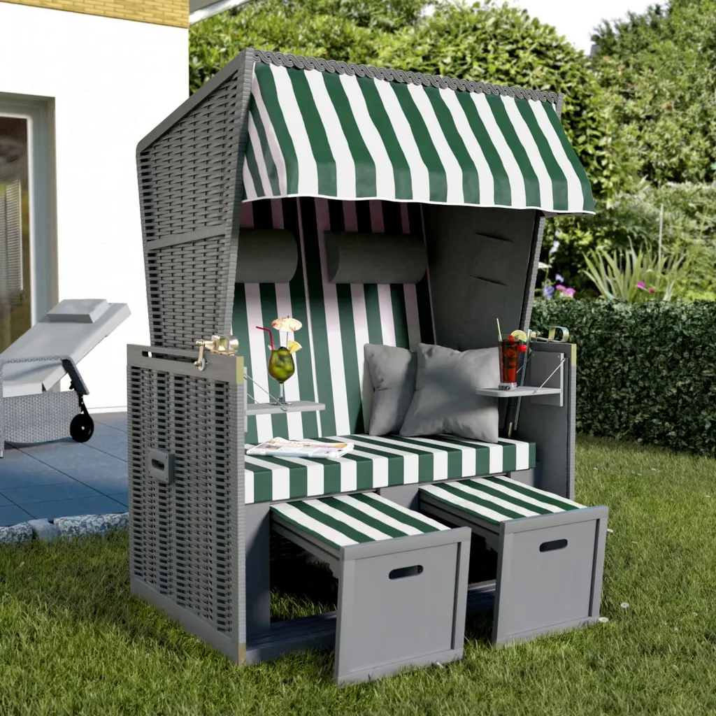 Sanzaro Strandkorb XL120 Cm Deluxe Zweisitzer Holz Und Poly-Rattan Volllieger 4 X Kissen Klappbare Rückenlehne 2 Personen Grün-Weiss Blockstreifen 2 Sanzaro Strandkorb XL120 Cm Deluxe Zweisitzer Holz Und Poly-Rattan Volllieger 4 X Kissen Klappbare Rückenlehne 2 Personen Grün-Weiss Blockstreifen – Bild 2