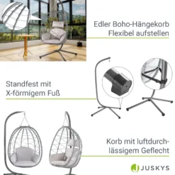 Juskys Hängesessel Aria Mit Kissen - Höhenverstellbar & Faltbar - Polyrattan Hängeschaukel Outdoor & Indoor - Korbhängesessel Silber Bis 130kg -Grünwelt Exporteren Garten-Winkel c16a72869f3faac936d8be93cff7ff44