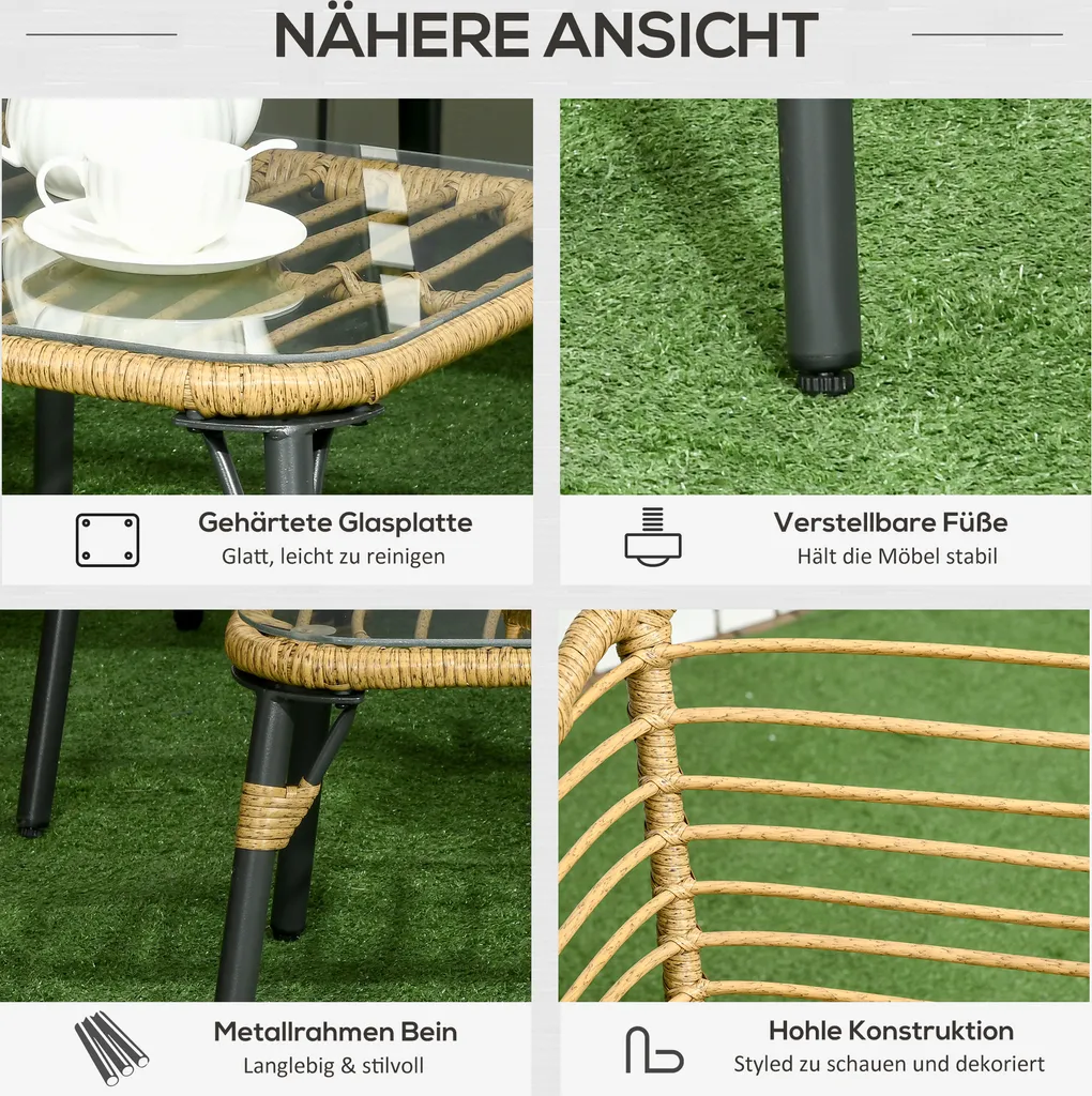 Outsunny 4 Tlg. Gartenmöbel-Set, Rattan Sitzgarnitur Mit Kissen, Sitzgruppe Mit 3 Sesseln, 1 Couchtisch, Balkonmöbel Im Boho-Stil Für 4 Personen, Sand+Dunkelgrau 6 Outsunny 4 Tlg. Gartenmöbel-Set, Rattan Sitzgarnitur Mit Kissen, Sitzgruppe Mit 3 Sesseln, 1 Couchtisch, Balkonmöbel Im Boho-Stil Für 4 Personen, Sand+Dunkelgrau – Bild 6