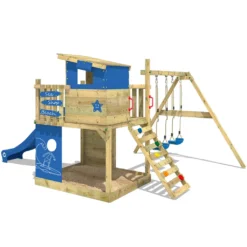 WICKEY Spielturm Klettergerüst Smart Camp Mit Schaukel & Rutsche, Baumhaus Mit Sandkasten, Kletterleiter & Spiel-Zubehör - Blau -Grünwelt Exporteren Garten-Winkel c52717dab960d87daf9c544819dff901