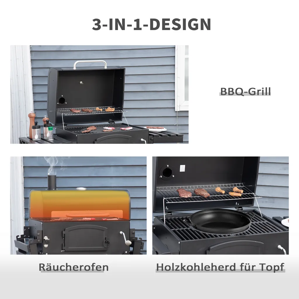 HOMCOM Outsunny Holzkohlegrill BBQ Gartengrill Mit Deckel Und Ablagen Metall Smoker BBQ Warmhalteplatte Regale Gartenparty Transportrollen Schwarz 124 X 66 X 112 Cm 4 HOMCOM Outsunny Holzkohlegrill BBQ Gartengrill Mit Deckel Und Ablagen Metall Smoker BBQ Warmhalteplatte Regale Gartenparty Transportrollen Schwarz 124 X 66 X 112 Cm – Bild 4