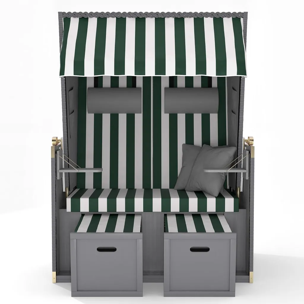 Sanzaro Strandkorb XL120 Cm Deluxe Zweisitzer Holz Und Poly-Rattan Volllieger 4 X Kissen Klappbare Rückenlehne 2 Personen Grün-Weiss Blockstreifen 3 Sanzaro Strandkorb XL120 Cm Deluxe Zweisitzer Holz Und Poly-Rattan Volllieger 4 X Kissen Klappbare Rückenlehne 2 Personen Grün-Weiss Blockstreifen – Bild 3