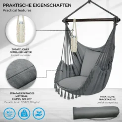 Tillvex Hängesessel Grau 2 Kissen Zum Aufhängen | Hängestuhl Mit Getränkehalter & Bücherfach | Hängesitz Wetterfest - Indoor & Outdoor | Hängekorb Mit Tragetasche Für Erwachsene & Kinder -Grünwelt Exporteren Garten-Winkel c77cb737023192393f8f38fe68836e8d