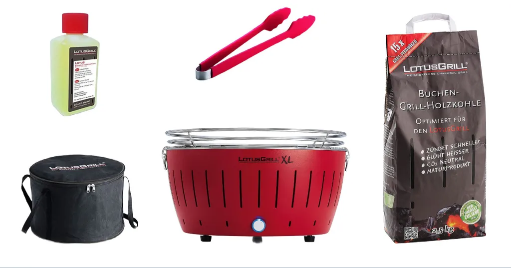 LotusGrill XL Starter-Set 1x XL Grill Feuerrot Mit USB-Anschluß, 1x Buchenholzkohle 2,5 Kg, 1x Brennpaste 200ml, 1x Zange, 1x Transport-Tragetasche XL - Der Raucharme Holzkohlegrill 1 LotusGrill XL Starter-Set 1x XL Grill Feuerrot Mit USB-Anschluß, 1x Buchenholzkohle 2,5 Kg, 1x Brennpaste 200ml, 1x Zange, 1x Transport-Tragetasche XL - Der Raucharme Holzkohlegrill