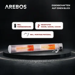 AREBOS Infrarot Heizstrahler Mit Fernbedienung, 3000W, 3 Heizstufen, Terrassenheizer, Wand-Heizstrahler, Silber -Grünwelt Exporteren Garten-Winkel c9e293d701d5718431e294db8cdcfdc7