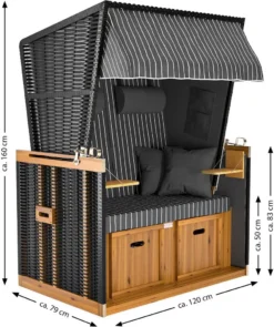 Sanzaro Strandkorb XL120 Cm Deluxe Zweisitzer Holz Und Poly-Rattan Volllieger 4 X Kissen Klappbare Rückenlehne 2 Personen Grau Nadelstreifen -Grünwelt Exporteren Garten-Winkel cbf2052cd69ed114b095e037559e024c