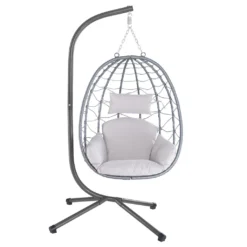 Juskys Hängesessel Aria Mit Kissen - Höhenverstellbar & Faltbar - Polyrattan Hängeschaukel Outdoor & Indoor - Korbhängesessel Silber Bis 130kg