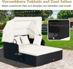 COSTWAY Rattan Sonnenliege Mit Einziehbarem Baldachin, 2-Personen Gartenliege Mit Klappbaren Tablett & Sitzkissen & Rückenkissen, Gartenlounge Terrassenmöbel Für Garten, Hinterhof -Grünwelt Exporteren Garten-Winkel d24cf50fa7781049a66c93e888283e97