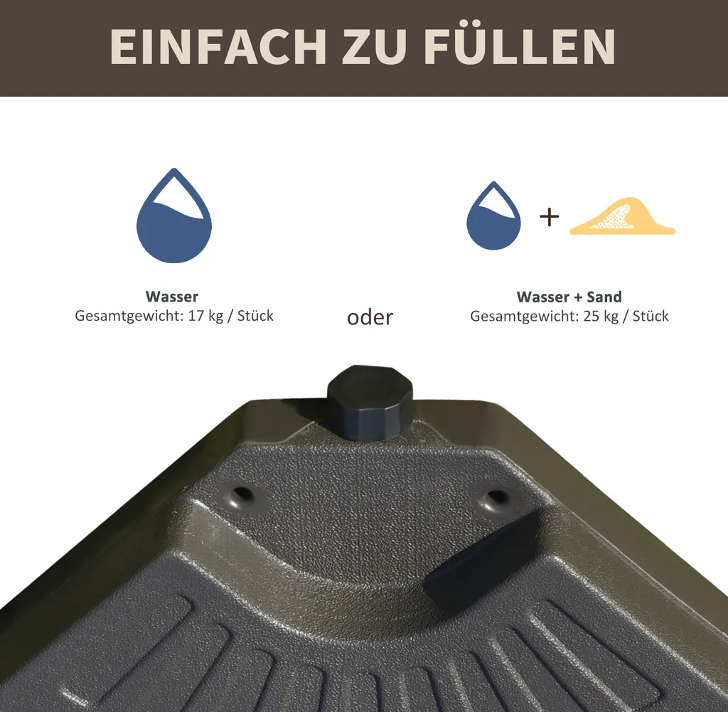 Outsunny Schirmgewicht 4-tlg. Schirmständer Mit 17 Kg Wasser Oder 25 Kg Sand Befüllbar HDPE Kaffee 100 X 100 X 10,5 Cm 4 Outsunny Schirmgewicht 4-tlg. Schirmständer Mit 17 Kg Wasser Oder 25 Kg Sand Befüllbar HDPE Kaffee 100 X 100 X 10,5 Cm – Bild 4