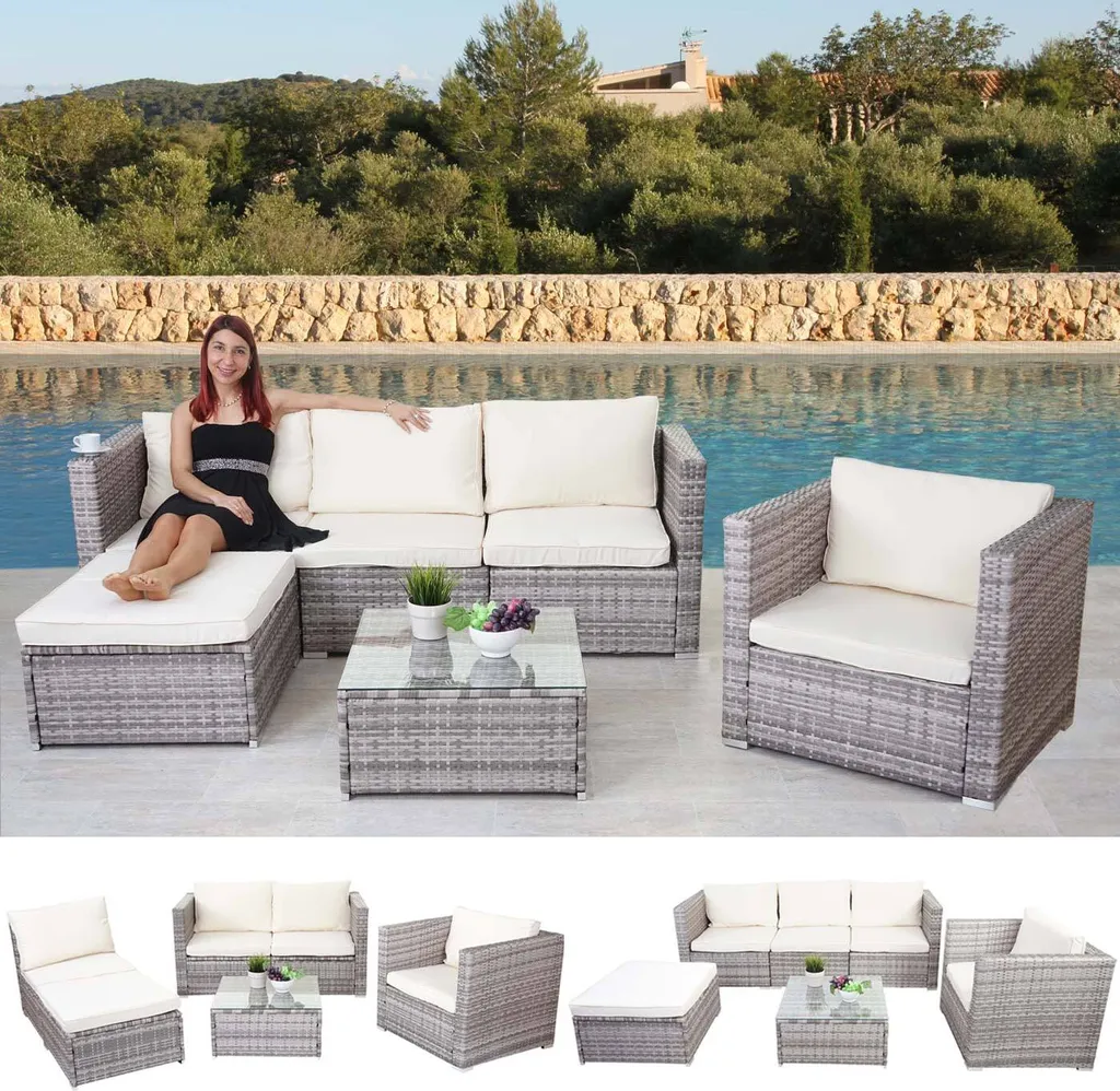 Poly-Rattan-Garnitur Busto, Gartengarnitur Sitzgruppe Sofa Lounge-Set Grau, Kissen Creme 2 Poly-Rattan-Garnitur Busto, Gartengarnitur Sitzgruppe Sofa Lounge-Set Grau, Kissen Creme – Bild 2