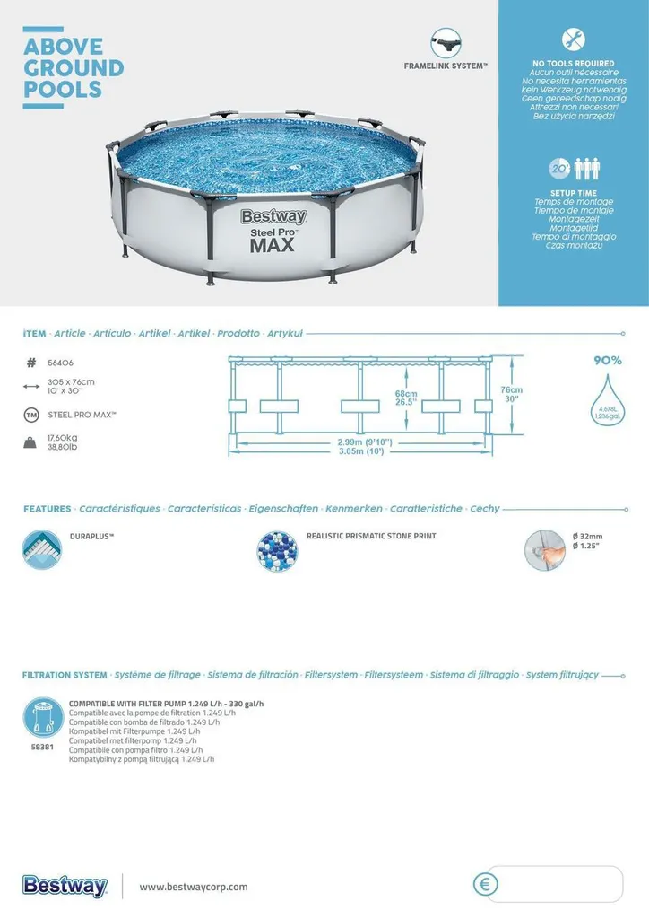 Bestway® Steel Pro MAX™ Frame Pool Ohne Pumpe Ø 305 X 76 Cm, Lichtgrau, Rund 16 Bestway® Steel Pro MAX™ Frame Pool Ohne Pumpe Ø 305 X 76 Cm, Lichtgrau, Rund – Bild 16