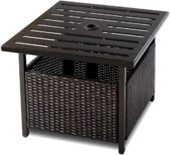 COSTWAY Garten Beistelltisch Rattan, Gartentisch Mit Schirmloch, Rattantisch Kaffeetisch Terrasentisch Balkontisch Teetisch 55,5x55,5x46cm