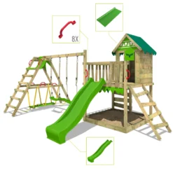 FATMOOSE Spielturm Klettergerüst JazzyJungle Mit Schaukel SurfSwing & Rutsche, Spielhaus Mit Sandkasten, Leiter & Spiel-Zubehör - Rot -Grünwelt Exporteren Garten-Winkel d89655c70c5b87a71ed53237bac9d26d