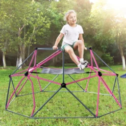 Merax 8FT Klettergerüst Ø 244cm Kletterkuppel Kinder Kletterleiter, Klettergerüst Mit Hängematte, 375 Kg Belastbar, Rosa-Schwarz