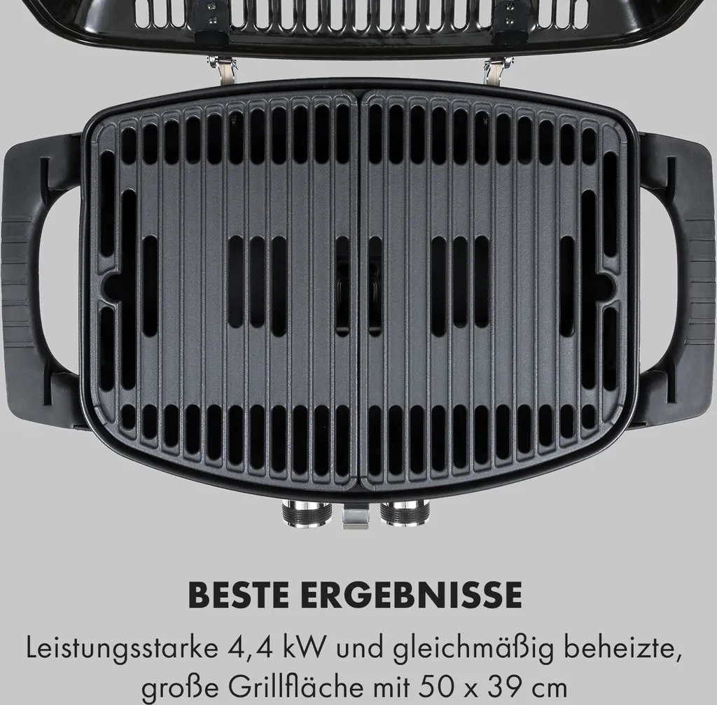 Klarstein Parforce Duo Gasgrill BBQ-Gasgrill Mit 4,4kW - 2 Brenner, Bis 300 °C, Gastyp: Butan/Propan, Edelstahl, 15000 BTU, Elektrische Zündung, 50 X 39 Cm Große Grillfläche, Deckel, Schwarz 4 Klarstein Parforce Duo Gasgrill BBQ-Gasgrill Mit 4,4kW - 2 Brenner, Bis 300 °C, Gastyp: Butan/Propan, Edelstahl, 15000 BTU, Elektrische Zündung, 50 X 39 Cm Große Grillfläche, Deckel, Schwarz – Bild 4
