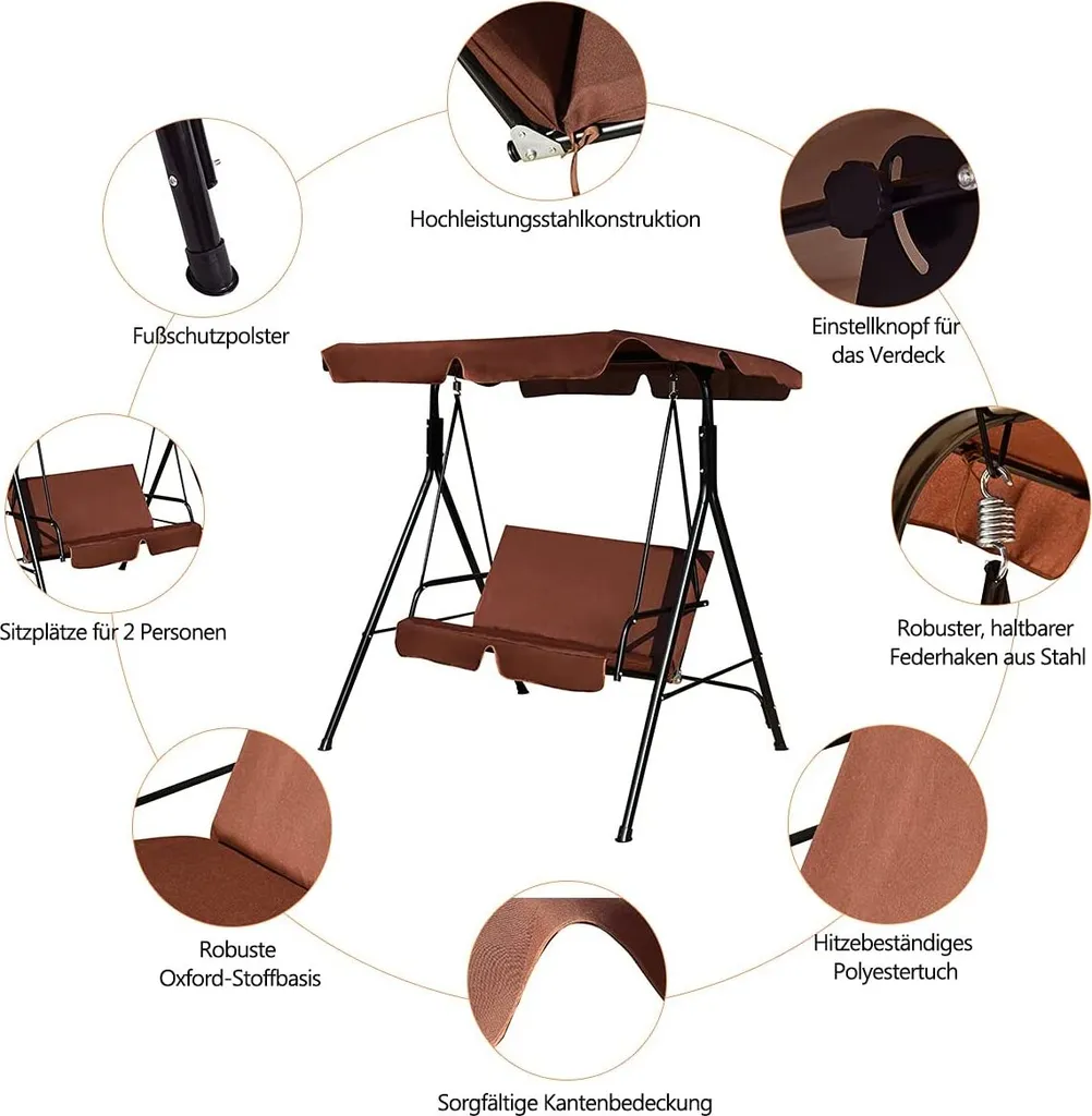 COSTWAY 2-Sitzer Hollywoodschaukel Mit Sonnendach Gartenschaukel Gartenliege Schaukel Schaukelbank Gartenbank Braun 5 COSTWAY 2-Sitzer Hollywoodschaukel Mit Sonnendach Gartenschaukel Gartenliege Schaukel Schaukelbank Gartenbank Braun – Bild 5
