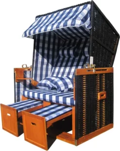 XL Wellness Strandkorb Volllieger Liegekorb Mellum Blau Weiß Kariert, 171 Inkl Hülle