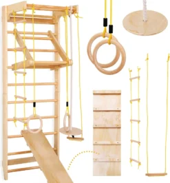 Physionics® Sprossenwand Set - Für Kinder/Erwachsene, Inkl. Klimmzugstange/Ringe/Trapez/Schrägbrett/Strickleiter, Aus Holz, Bis 100kg