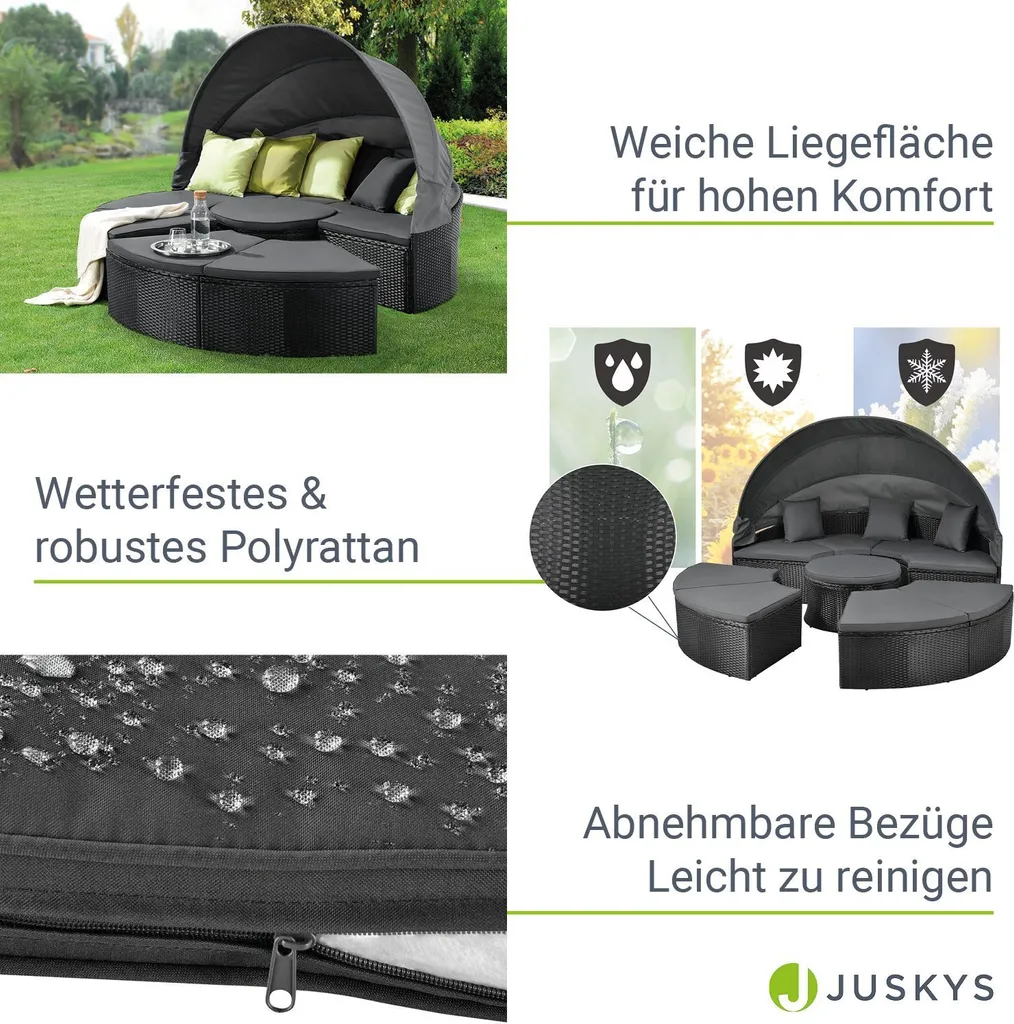 Juskys 2in1 XXL Polyrattan Sonneninsel & Sitzgruppe Puerto Plata – Set Mit Dach, Kissen, Tisch Und Hockern – Liegeinsel Lounge Wetterfest Garten 5 Juskys 2in1 XXL Polyrattan Sonneninsel & Sitzgruppe Puerto Plata – Set Mit Dach, Kissen, Tisch Und Hockern – Liegeinsel Lounge Wetterfest Garten – Bild 5