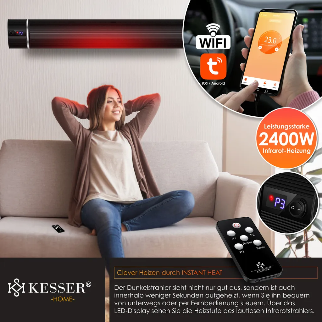 KESSER® Dunkelheizstrahler Heizstrahler Mit Fernbedienung & WiFi APP Terrassenheizer Infrarot-Heizstrahler Wand-Heizstrahler Schwarzstrahler Quarzstrahler Terrassenstrahler Balkonheizer Timer, Farbe:Schwarz, Größe:2400W 7 KESSER® Dunkelheizstrahler Heizstrahler Mit Fernbedienung & WiFi APP Terrassenheizer Infrarot-Heizstrahler Wand-Heizstrahler Schwarzstrahler Quarzstrahler Terrassenstrahler Balkonheizer Timer, Farbe:Schwarz, Größe:2400W – Bild 7