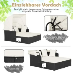 COSTWAY Rattan Sonnenliege Mit Einziehbarem Baldachin, 2-Personen Gartenliege Mit Klappbaren Tablett & Sitzkissen & Rückenkissen, Gartenlounge Terrassenmöbel Für Garten, Hinterhof -Grünwelt Exporteren Garten-Winkel de2cef4af7799fe41894b32ef2f4850e