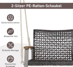 COSTWAY Schaukelbank 2-Sitzer, Hängebank PE-Rattan, Gartenschaukel Zum Aufhängen, Hollywoodschaukel Mit Akazienholz-Armlehnen, 360 Kg Belastbarkeit, Schaukel Für Terrasse & Garten & Balkon -Grünwelt Exporteren Garten-Winkel e47f1a0cef83171fc61356e453abaa1d