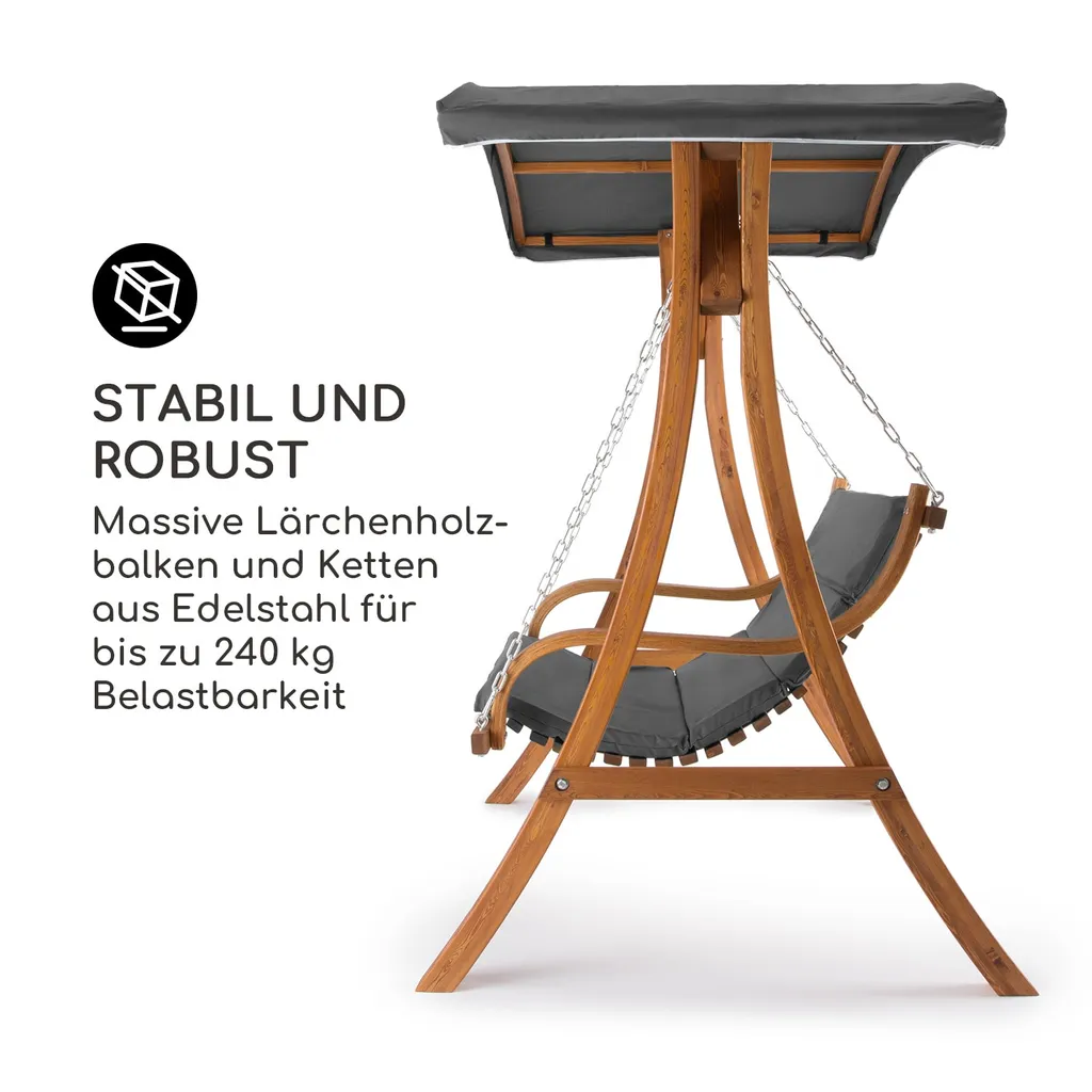 Blumfeldt Tahiti Hollywoodschaukel Aus Lärche-Massivholz Lasiert, Garden Edition, Stabile Konstruktion, Sonnendach, Bis Zu 240 Kg Belastbar, 110 X 90 Cm Große Sitzfläche, Taupe 2 Blumfeldt Tahiti Hollywoodschaukel Aus Lärche-Massivholz Lasiert, Garden Edition, Stabile Konstruktion, Sonnendach, Bis Zu 240 Kg Belastbar, 110 X 90 Cm Große Sitzfläche, Taupe – Bild 2