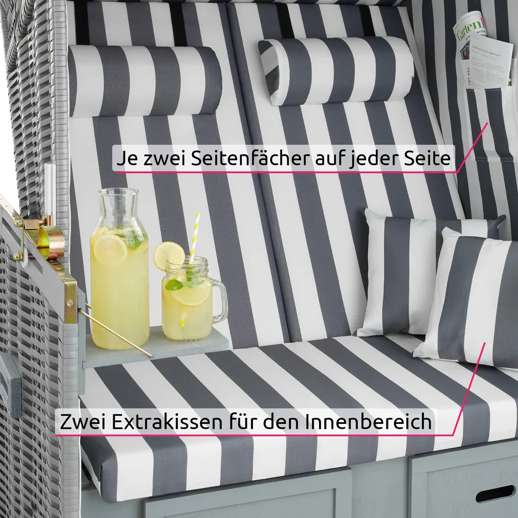 Tectake Strandkorb Mit Polster, Verstellbar, Inkl. Schutzhülle - Grau/weiß 2 Tectake Strandkorb Mit Polster, Verstellbar, Inkl. Schutzhülle - Grau/weiß – Bild 2