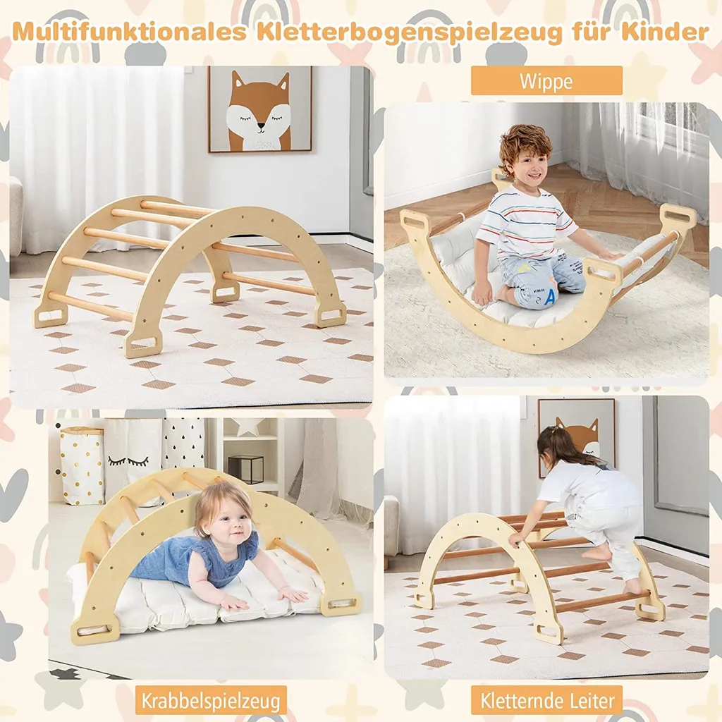 COSTWAY Bogen Mit Weichem Kissen, Kletterbogen Für Kinder Kleinkinder, Bogenwippe Aus Holz, Spielbogen Für Drinnen Und Draußen 2 COSTWAY Bogen Mit Weichem Kissen, Kletterbogen Für Kinder Kleinkinder, Bogenwippe Aus Holz, Spielbogen Für Drinnen Und Draußen – Bild 2