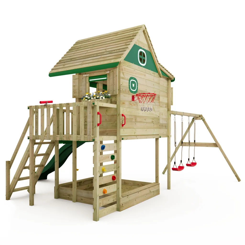 WICKEY Stelzenhaus Smart GreenHouse Mit Schaukel & Rutsche,integriertem Sandkasten Und Großem Spielhaus Mit Massiver Treppe Mit Handlauf, Fenstern, Rollos Und Blumenkasten - Grün 2 WICKEY Stelzenhaus Smart GreenHouse Mit Schaukel & Rutsche,integriertem Sandkasten Und Großem Spielhaus Mit Massiver Treppe Mit Handlauf, Fenstern, Rollos Und Blumenkasten - Grün – Bild 2
