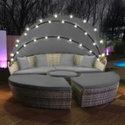LED - Sonneninsel Rattan Lounge Polyrattan Sitzgruppe Liege Insel 210cm Inkl. Abdeckcover