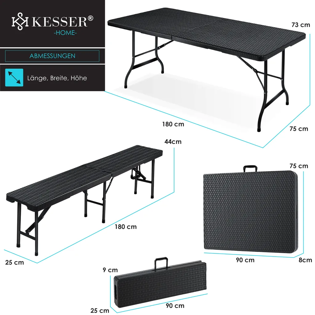 KESSER® Bierzeltgarnitur - 3-teilig Set, Tisch + 2 X Bank, Für Drinnen - Draußen, Klappbar, Tragegriffe, HxBxT: 73x180x75 Cm , Kunststoff, Rattan-Look Gartengarnitur , Klapptisch , Gartentisch, Farbe:Schwarz 8 KESSER® Bierzeltgarnitur - 3-teilig Set, Tisch + 2 X Bank, Für Drinnen - Draußen, Klappbar, Tragegriffe, HxBxT: 73x180x75 Cm , Kunststoff, Rattan-Look Gartengarnitur , Klapptisch , Gartentisch, Farbe:Schwarz – Bild 8