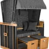 Sanzaro Strandkorb XL120 Cm Deluxe Zweisitzer Holz Und Poly-Rattan Volllieger 4 X Kissen Klappbare Rückenlehne 2 Personen Grau Nadelstreifen