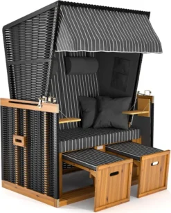 Sanzaro Strandkorb XL120 Cm Deluxe Zweisitzer Holz Und Poly-Rattan Volllieger 4 X Kissen Klappbare Rückenlehne 2 Personen Grau Nadelstreifen
