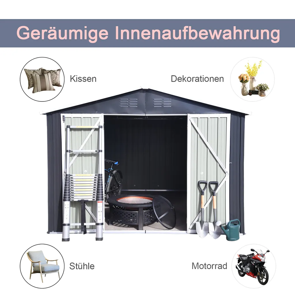 Metall XXXL Gerätehaus 305x254x191cm Mit Fundament Satteldach Geräteschuppen Garten Schuppen Pultdach Schwarz 2 Metall XXXL Gerätehaus 305x254x191cm Mit Fundament Satteldach Geräteschuppen Garten Schuppen Pultdach Schwarz – Bild 2
