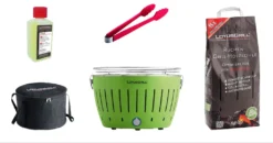 LotusGrill Starter-Set Classic 1x Grill Limettengrün USB-Anschluß, 1x Buchenholzkohle 2,5 Kg, 1x Brennpaste 200ml, 1x Zange (Farbe Nach Vorrat), 1x Transport-Tragetasche - Der Raucharme Holzkohlegrill