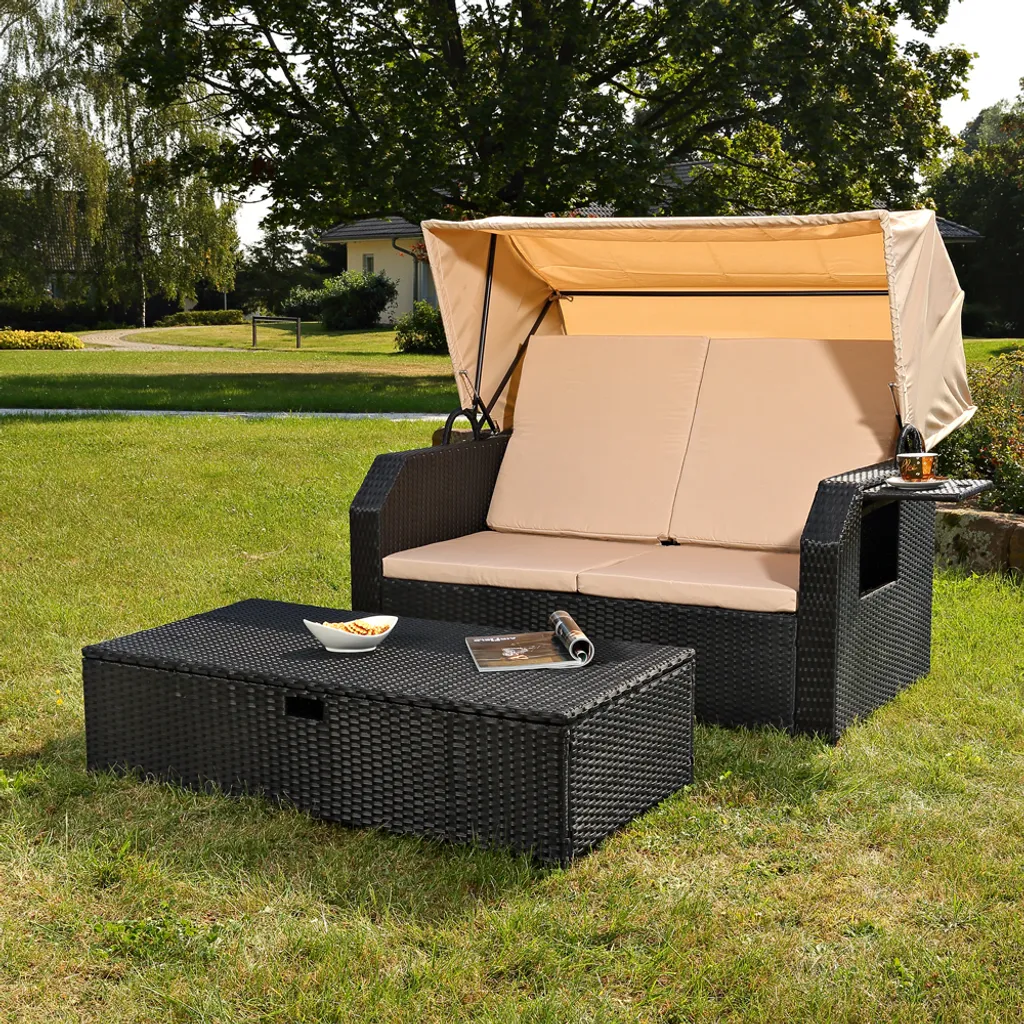Mucola Sonnenbett Strandkorb Sonnenliege Rattan Bett Inkl. Dach Rattan - Schwarz Rattan Dach Rattan Strandkorb Liegebett Relaxliege 3 Mucola Sonnenbett Strandkorb Sonnenliege Rattan Bett Inkl. Dach Rattan - Schwarz Rattan Dach Rattan Strandkorb Liegebett Relaxliege – Bild 3
