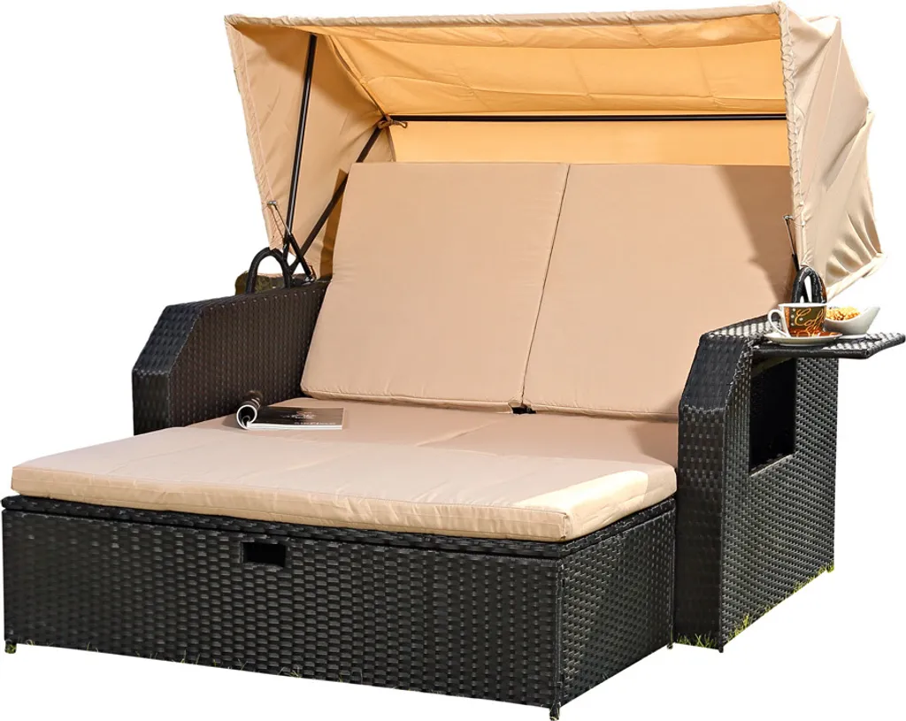 Mucola Sonnenbett Strandkorb Sonnenliege Rattan Bett Inkl. Dach Rattan - Schwarz Rattan Dach Rattan Strandkorb Liegebett Relaxliege 2 Mucola Sonnenbett Strandkorb Sonnenliege Rattan Bett Inkl. Dach Rattan - Schwarz Rattan Dach Rattan Strandkorb Liegebett Relaxliege – Bild 2