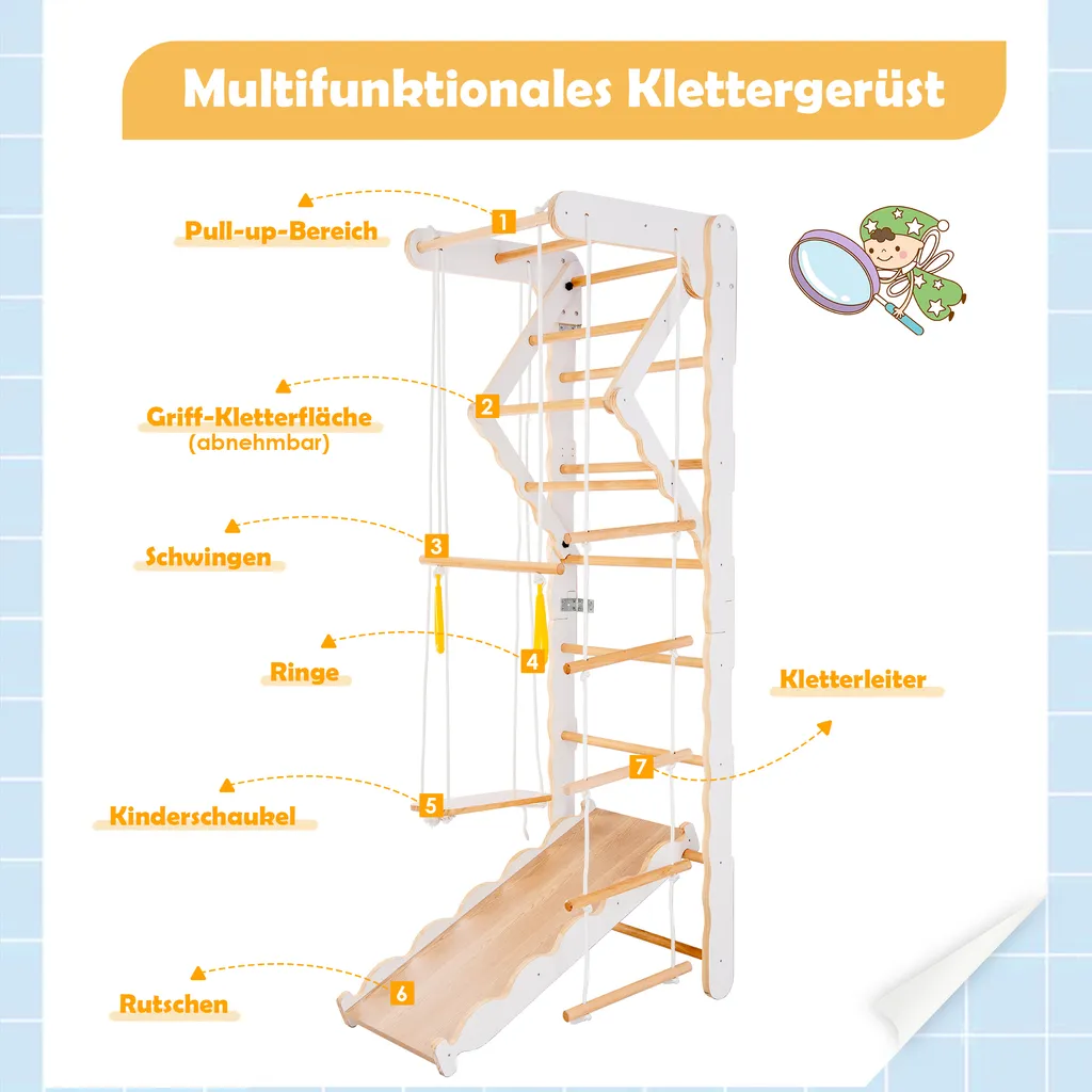 Merax 6-in-1 Multifunktions Kletterspielzeug Set Inkl. Rutsche Schaukel Klettergerüst Klimmzugsbereich Ringe Jungle Gym-Set, Indoor KlettergerüstSprossenwand Für Kinder, Massivholz, Natur 3 Merax 6-in-1 Multifunktions Kletterspielzeug Set Inkl. Rutsche Schaukel Klettergerüst Klimmzugsbereich Ringe Jungle Gym-Set, Indoor KlettergerüstSprossenwand Für Kinder, Massivholz, Natur – Bild 3