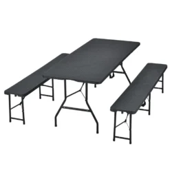 Juskys Bierzeltgarnitur Amberg 3-teilig & Klappbar – 180 X 74 X 74 Cm – 2 Bierbänke & 1 Biertisch In Rattan-Optik Gartenmöbel-Set Festzeltgarnitur