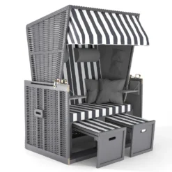 Sanzaro Strandkorb XL120 Cm Deluxe Zweisitzer Holz Und Poly-Rattan Volllieger 4 X Kissen Klappbare Rückenlehne 2 Personen Grau-Weiss Blockstreifen
