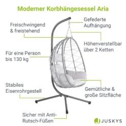 Juskys Hängesessel Aria Mit Kissen - Höhenverstellbar & Faltbar - Polyrattan Hängeschaukel Outdoor & Indoor - Korbhängesessel Silber Bis 130kg -Grünwelt Exporteren Garten-Winkel f8bc4b9f81dc6ad63e8ea856dce5edd4