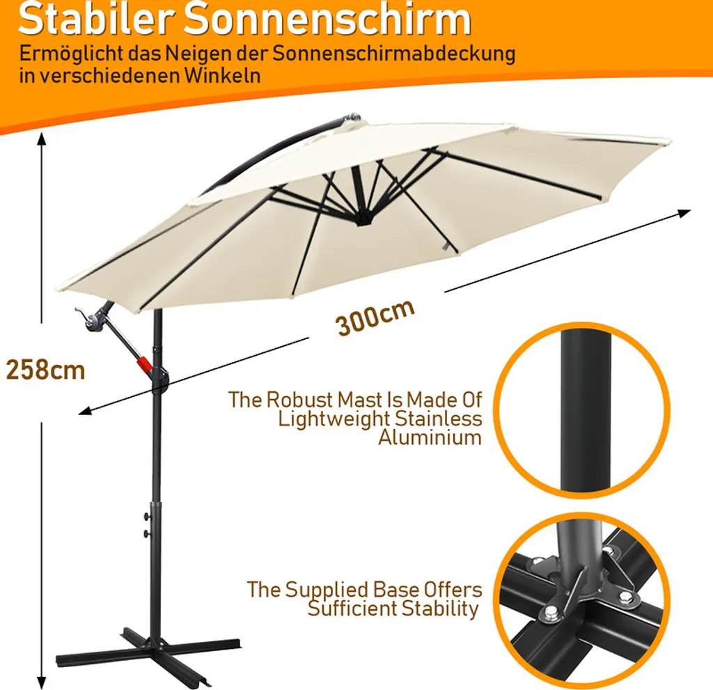 EINFEBEN 3m Sonnenschirm Sonnenschirme Ampelschirm Gartenschirm Terrassen UV40+ Marktschirm,Beige,3m 2 EINFEBEN 3m Sonnenschirm Sonnenschirme Ampelschirm Gartenschirm Terrassen UV40+ Marktschirm,Beige,3m – Bild 2