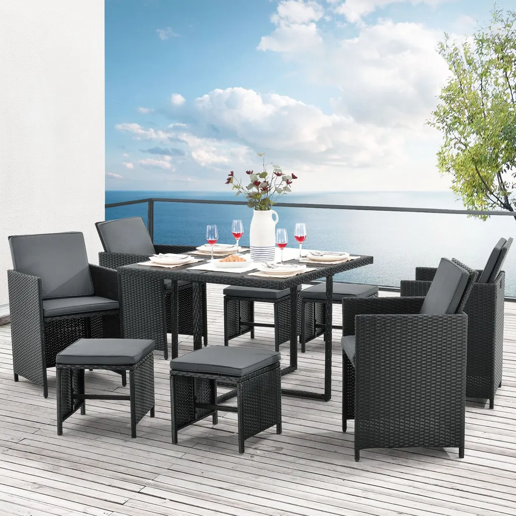 Juskys Polyrattan Sitzgruppe Baracoa L 9-teilig Wetterfest & Stapelbar – Gartenmöbel Set Mit 4 Stühle, 4 Hocker & Tisch Für Garten & Terrasse 6 Juskys Polyrattan Sitzgruppe Baracoa L 9-teilig Wetterfest & Stapelbar – Gartenmöbel Set Mit 4 Stühle, 4 Hocker & Tisch Für Garten & Terrasse – Bild 6