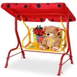 SPIELWERK Hollywoodschaukel Für Kinder Ab 3 Jahren Verstellbares Sonnendach UV 40 Schutz 3 Punkt Sicherheitsgurt 2 Sitzer Gartenschaukel Schaukelbank